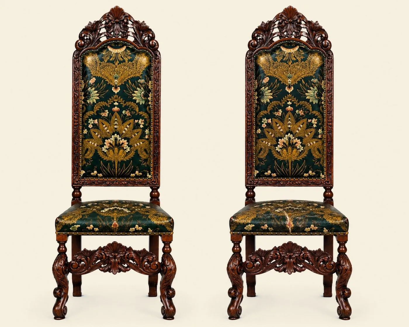 A pair of high-backed chairs with green gilt leather and richly carved legs, by Chr. Knag of Bergen