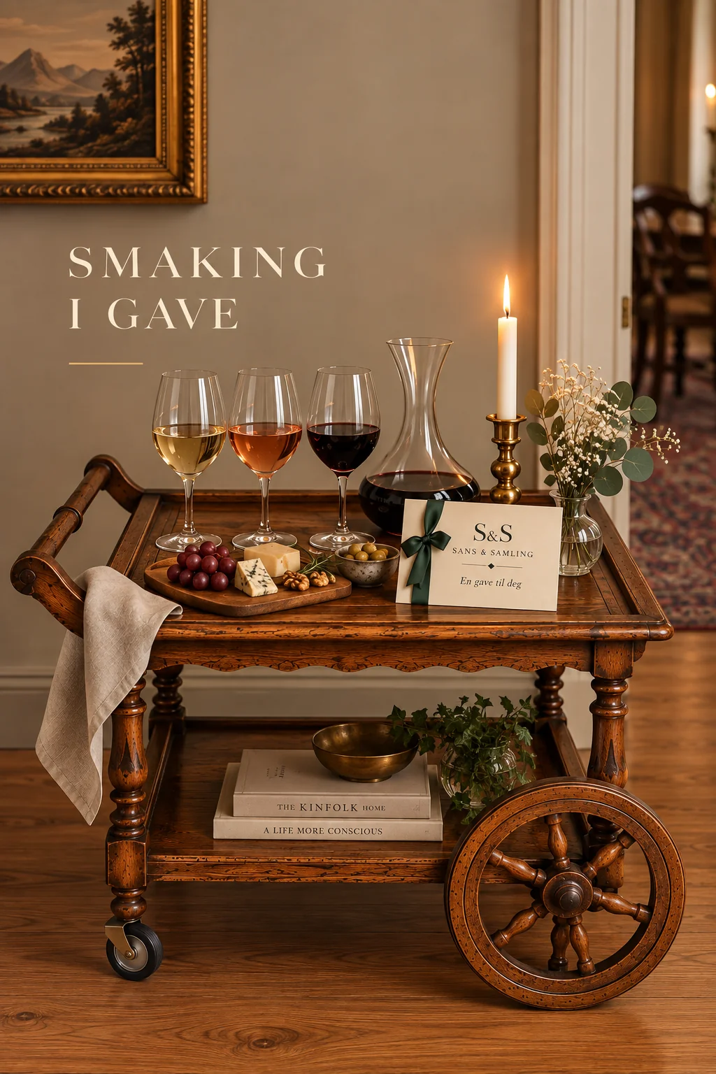 Smaking i gave: trillebord i tre med tre vinglass, karaffel, levende lys og et gavekort fra Sans & Samling