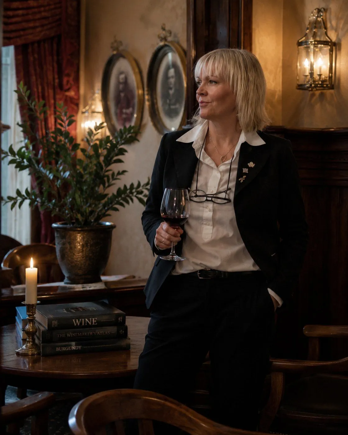 Alette Hjelmeland med et glass rødvin i en gammel salong, med stearinlys, vinbøker og portretter på veggen