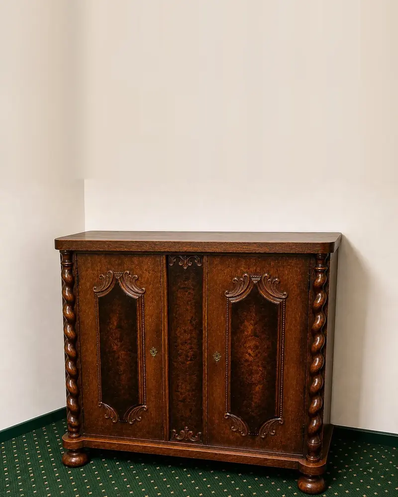 Skap med to dører i mørk finér, utskårne ornamenter, snodde søyler og kuleføtter